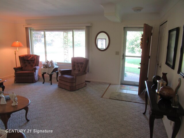 living room featuring plenty of natural light and light colored carpet