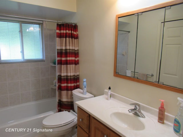 full bathroom with shower / bath combination with curtain, vanity, and toilet