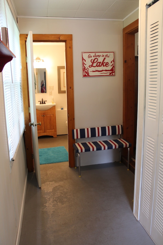 hallway with a wealth of natural light, sink, and concrete flooring