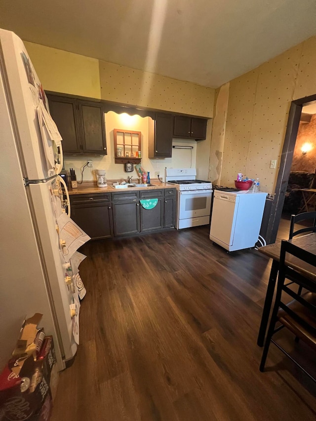 kitchen with sink, dark hardwood / wood-style floors, and white appliances