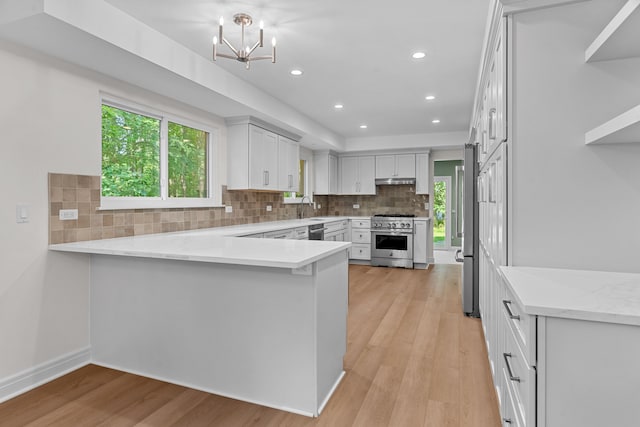 kitchen with light stone countertops, light wood-type flooring, kitchen peninsula, and stainless steel appliances