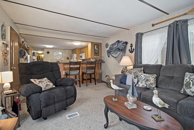 carpeted living room with wood walls