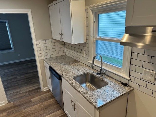 kitchen with a wealth of natural light, sink, stainless steel dishwasher, backsplash, and white cabinets