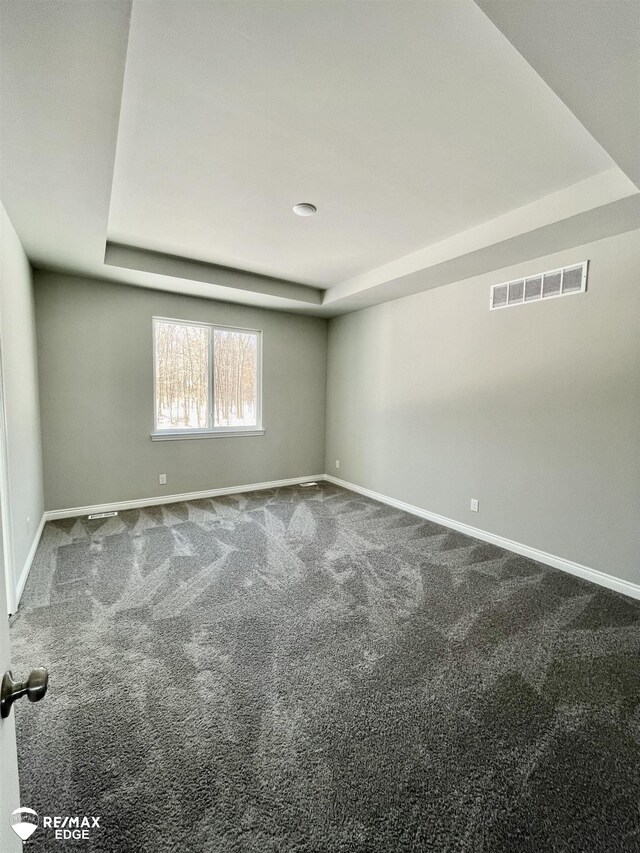 carpeted empty room featuring a tray ceiling