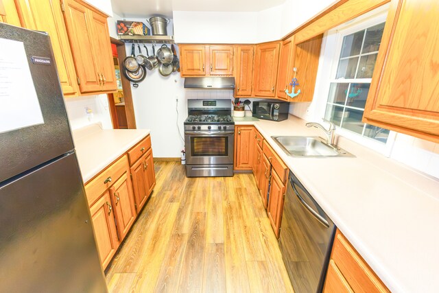 1130 W Higgins Lake Dr, Roscommon, MI 48653 - kitchen with appliances with stainless steel finishes, a sink, exhaust hood, light wood-style floors, and light countertops