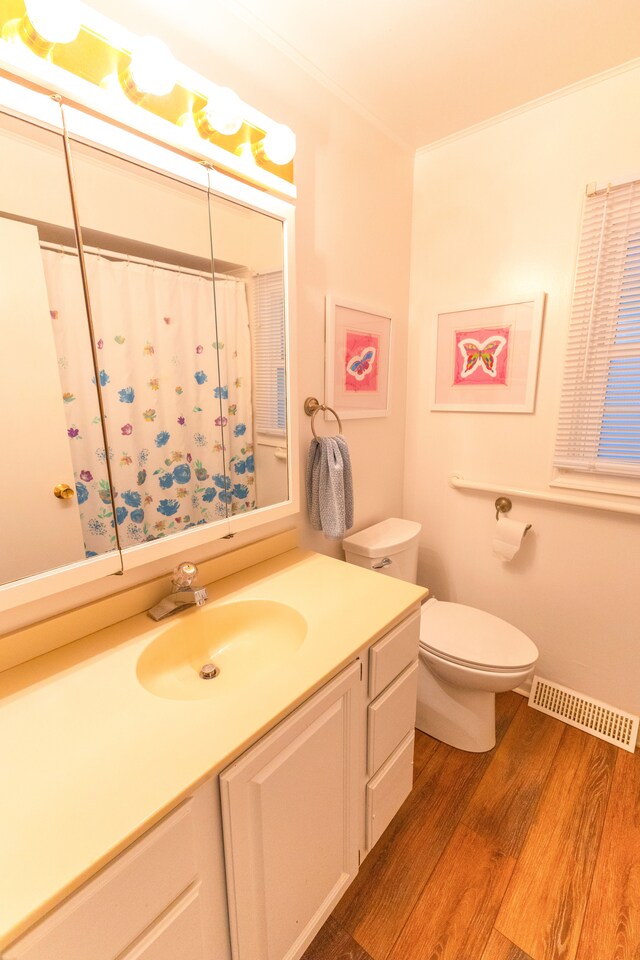 1130 W Higgins Lake Dr, Roscommon, MI 48653 - full bath featuring vanity, wood finished floors, crown molding, toilet, and a shower with curtain