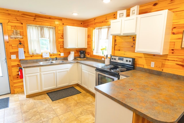 kitchen featuring sink, stainless steel electric range, a healthy amount of sunlight, and wood walls