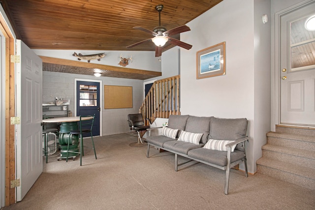 carpeted living room featuring ceiling fan, wooden ceiling, and vaulted ceiling