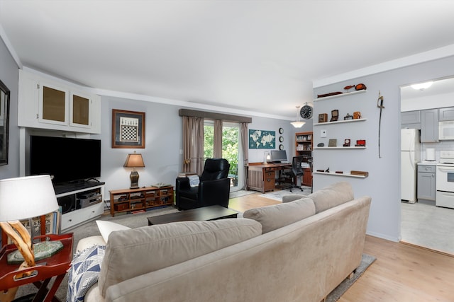 living room with crown molding and light hardwood / wood-style floors