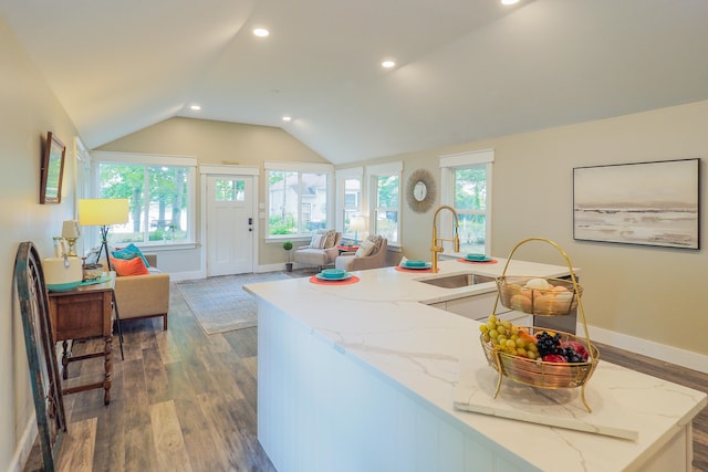 kitchen with sink, light stone counters, dark hardwood / wood-style floors, vaulted ceiling, and a center island with sink