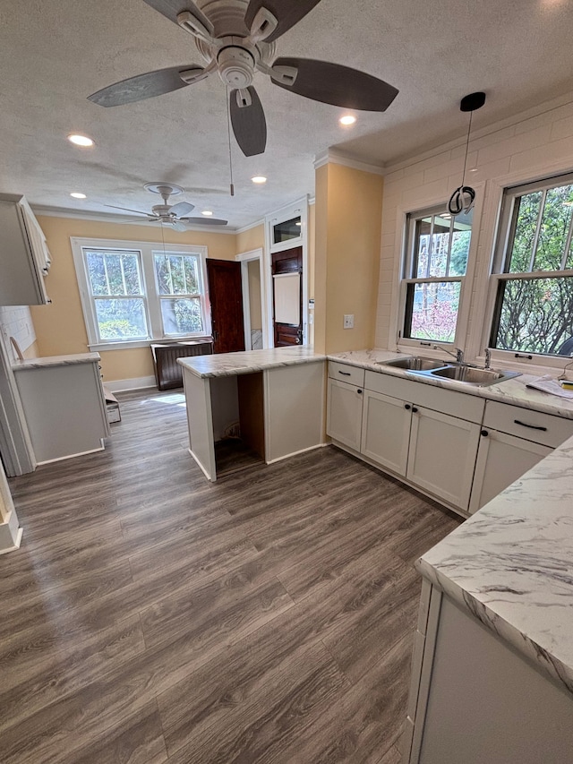 kitchen with dark hardwood / wood-style flooring, white cabinetry, plenty of natural light, and a textured ceiling