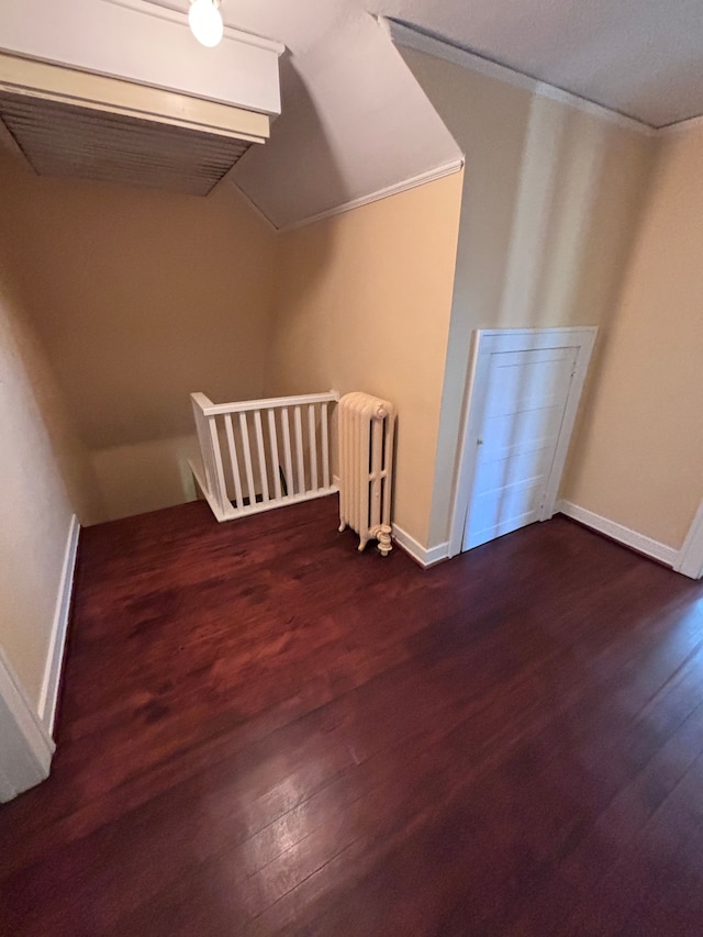 additional living space featuring lofted ceiling, dark hardwood / wood-style flooring, and radiator heating unit