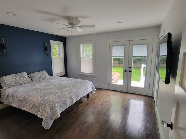 bedroom with hardwood / wood-style floors, ceiling fan, access to exterior, and french doors