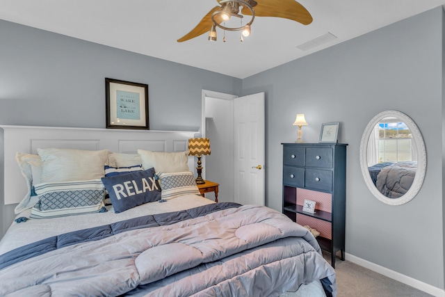 carpeted bedroom with ceiling fan