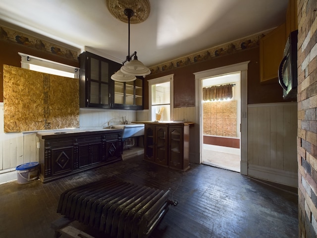 kitchen with dark wood-type flooring, pendant lighting, and dark brown cabinets