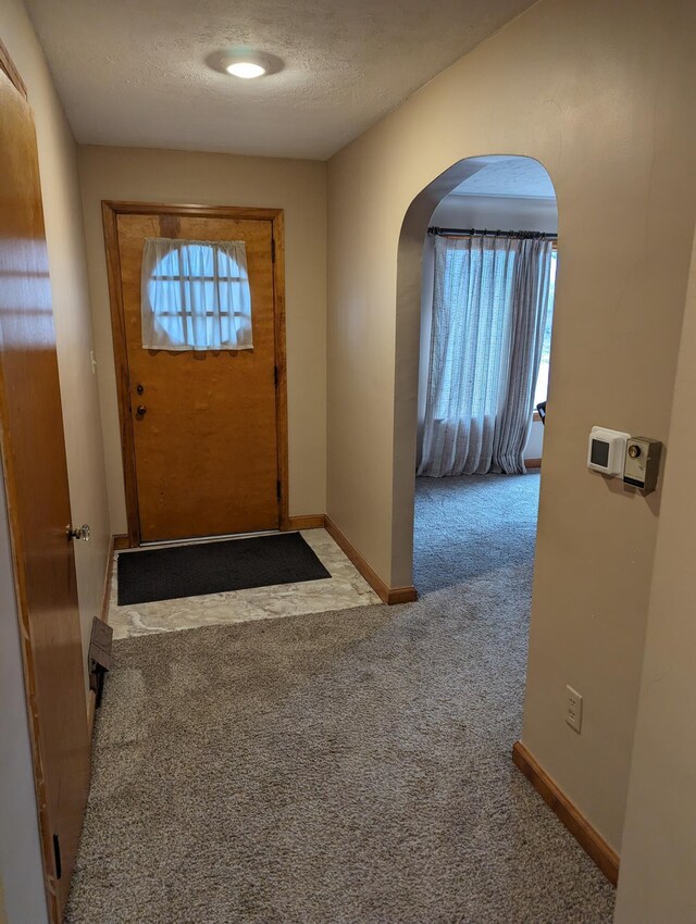 42294 Willson Memorial Dr, Chassell, MI 49916 - entryway with arched walkways, carpet, baseboards, and a textured ceiling