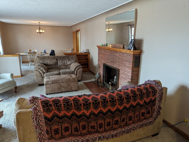 42294 Willson Memorial Dr, Chassell, MI 49916 - carpeted living area with a chandelier, a fireplace, and baseboards