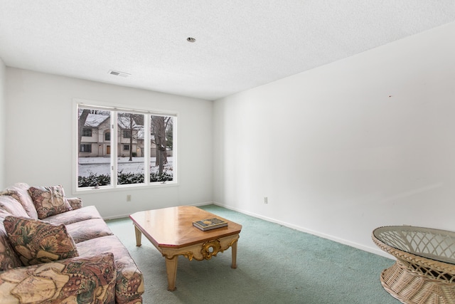 living room featuring carpet floors and a textured ceiling