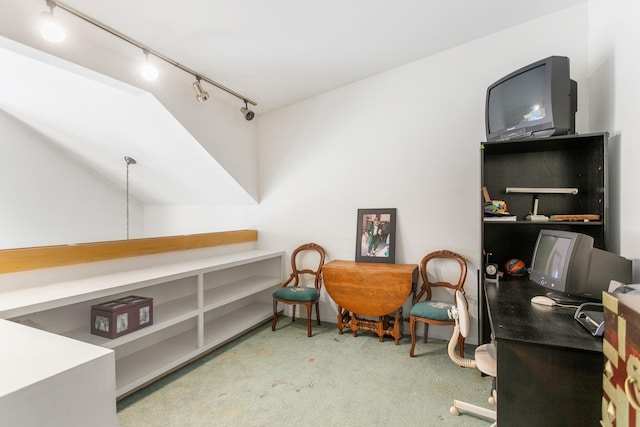 carpeted office space with lofted ceiling and rail lighting