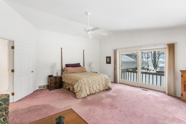 bedroom featuring carpet flooring, access to outside, vaulted ceiling, and ceiling fan