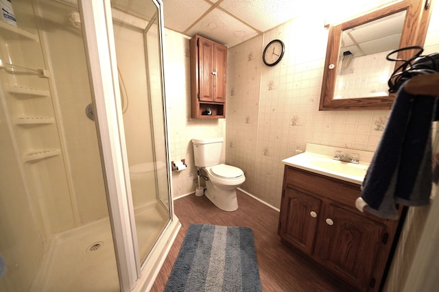 bathroom with vanity, hardwood / wood-style flooring, toilet, walk in shower, and tile walls