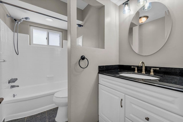 full bathroom featuring toilet, tile patterned flooring, vanity, and bathtub / shower combination