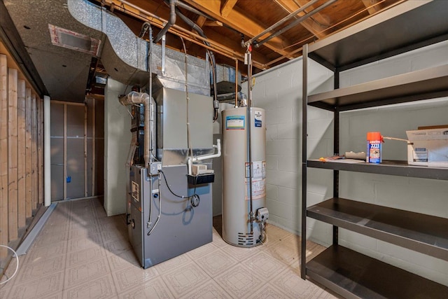 utility room featuring heating unit and gas water heater