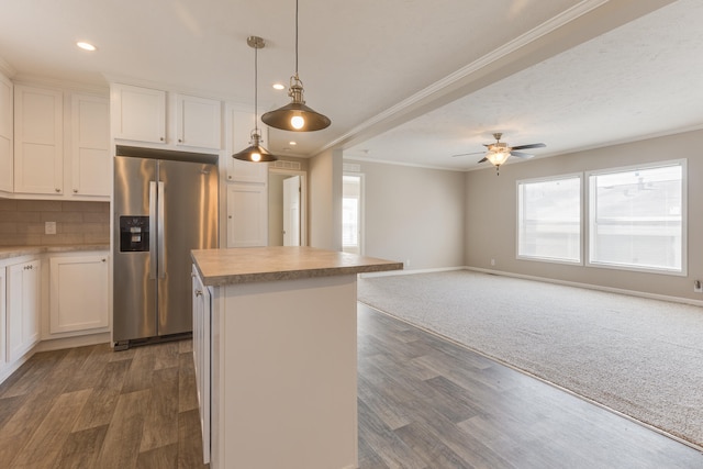 kitchen featuring ceiling fan, white cabinetry, stainless steel refrigerator with ice dispenser, and dark wood-type flooring