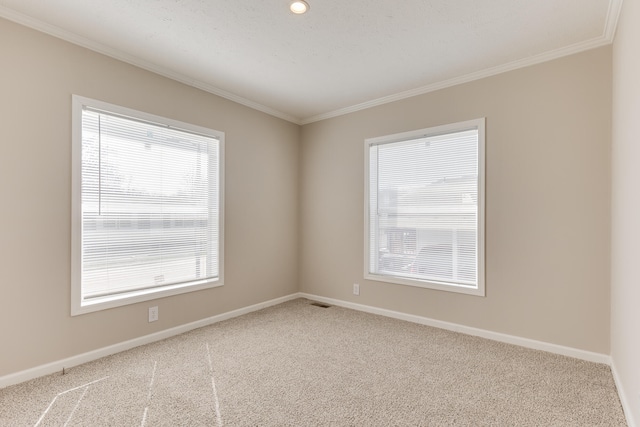 carpeted spare room with crown molding and a healthy amount of sunlight