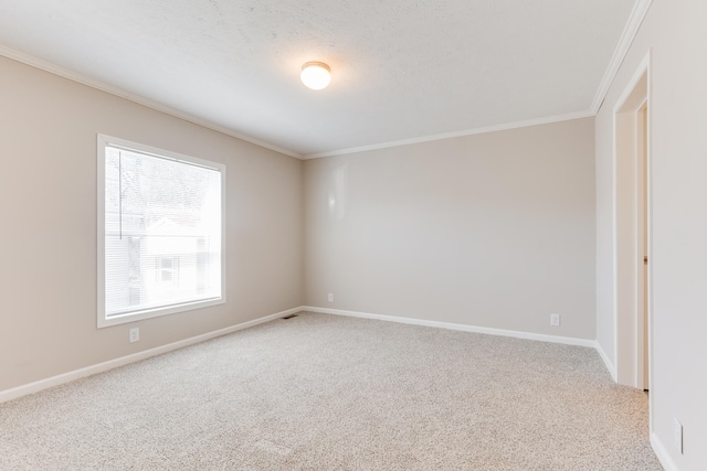 carpeted spare room featuring ornamental molding and a textured ceiling