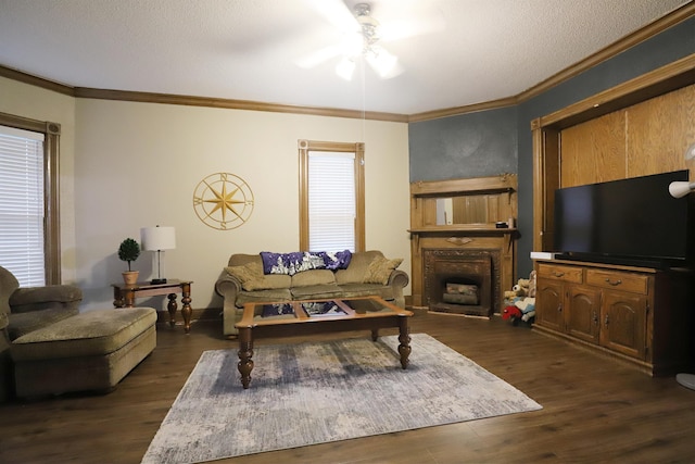 living room with crown molding, dark hardwood / wood-style flooring, ceiling fan, and a textured ceiling