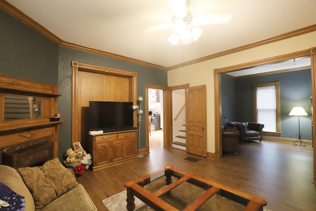 living room with ceiling fan, dark hardwood / wood-style flooring, and crown molding