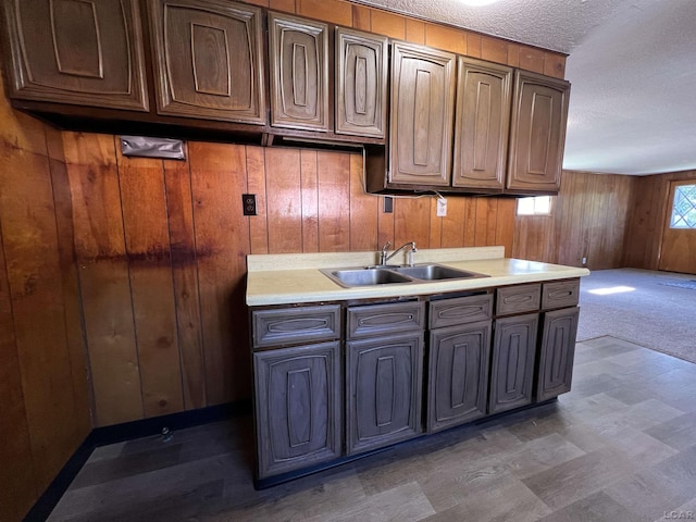 474 Merrick St, Adrian, MI 49221 - kitchen with wood walls, a sink, light countertops, tile patterned floors, and a textured ceiling