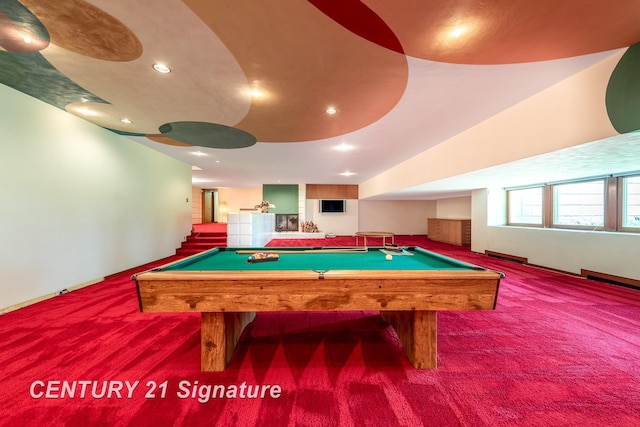 rec room with carpet, recessed lighting, and visible vents