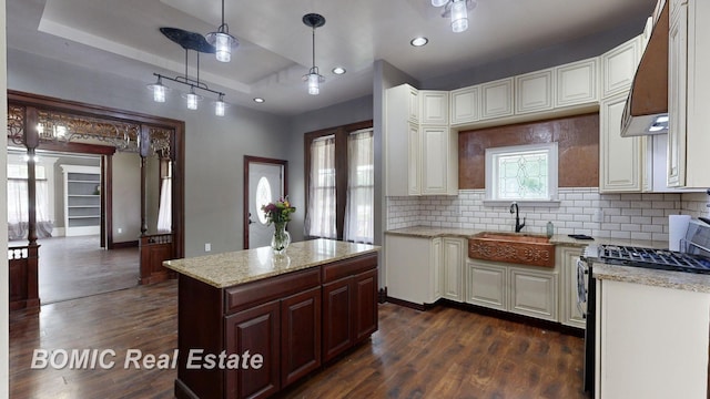 kitchen featuring dark hardwood / wood-style flooring, backsplash, custom exhaust hood, a tray ceiling, and a kitchen island