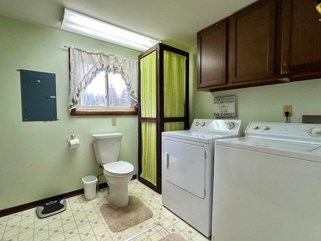 clothes washing area with washer and dryer and electric panel