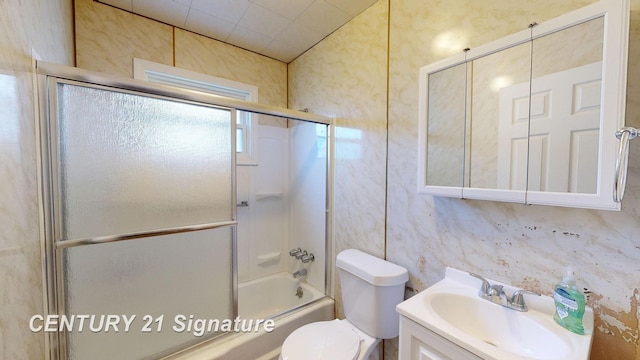 full bathroom with vanity, toilet, enclosed tub / shower combo, and tasteful backsplash