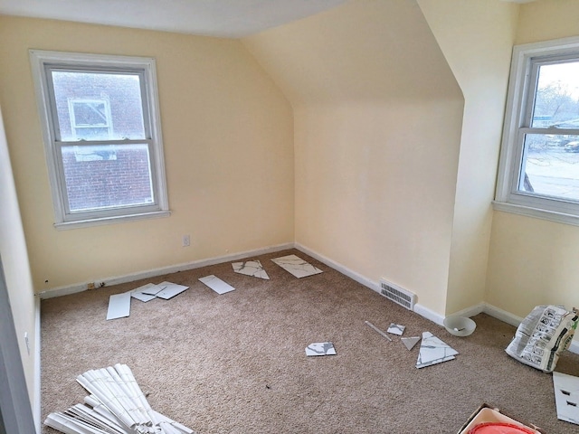 additional living space with carpet, a healthy amount of sunlight, and lofted ceiling