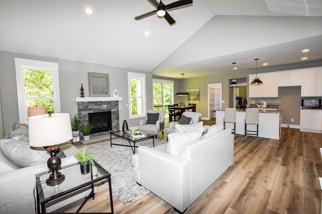 living room featuring a wealth of natural light, high vaulted ceiling, and wood-type flooring