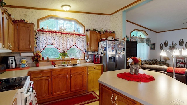 kitchen with ornamental molding, electric stove, sink, stainless steel fridge with ice dispenser, and range hood