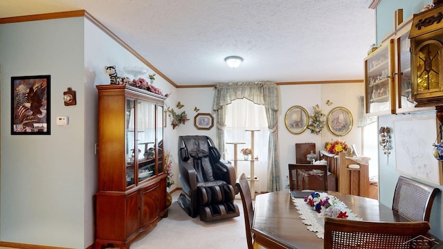 carpeted dining area featuring crown molding and a textured ceiling