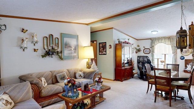 carpeted living room featuring crown molding and a textured ceiling