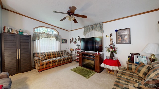 carpeted living room with a textured ceiling, crown molding, ceiling fan, and lofted ceiling