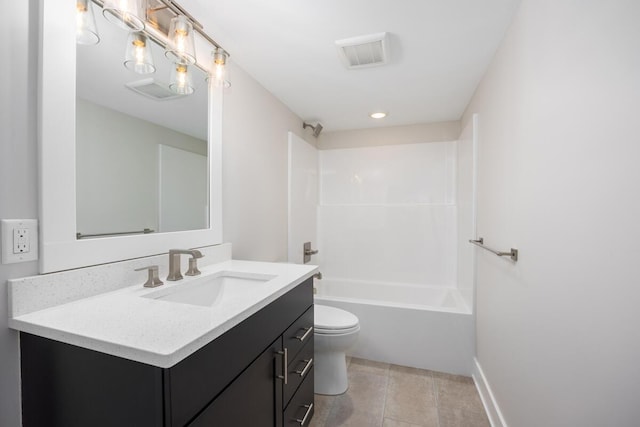 full bathroom featuring tile patterned floors, shower / bathing tub combination, vanity, and toilet