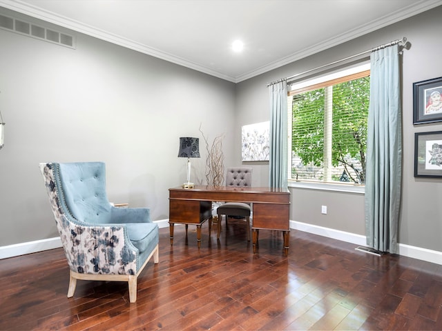 office area featuring crown molding and dark hardwood / wood-style floors