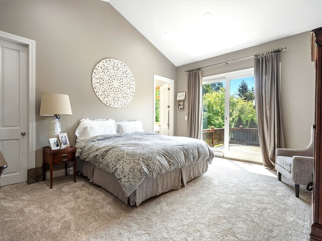 bedroom with access to exterior, carpet floors, and high vaulted ceiling