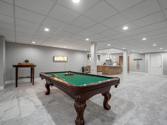 playroom featuring carpet, a paneled ceiling, and billiards