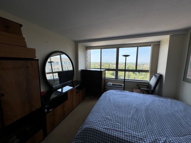 bedroom featuring an AC wall unit, light carpet, and multiple windows