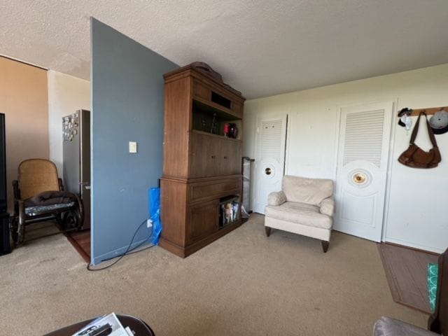 living area with a textured ceiling and light carpet