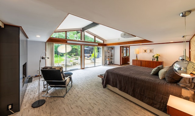 bedroom with light wood-type flooring, a large fireplace, access to outside, and vaulted ceiling with beams